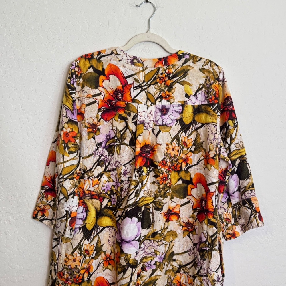 Chicos 100% Linen Dress Large Tan Floral 3/4 Sleeve Boho Coastal Lagenlook - Picture 9 of 10